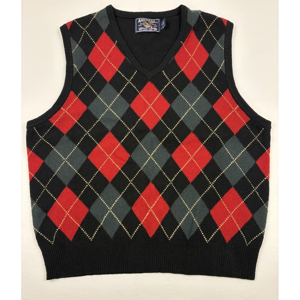 American Living 100% Lambswool Red/Green/Black Argyle V-Neck Sweater Vest L EUC